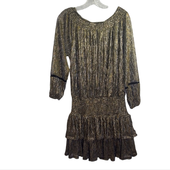 MUCHE MUCHETTE Gold Bronze Metallic Lame Boho Gypsy Ruffle Off Shoulder Dress - Picture 4 of 8